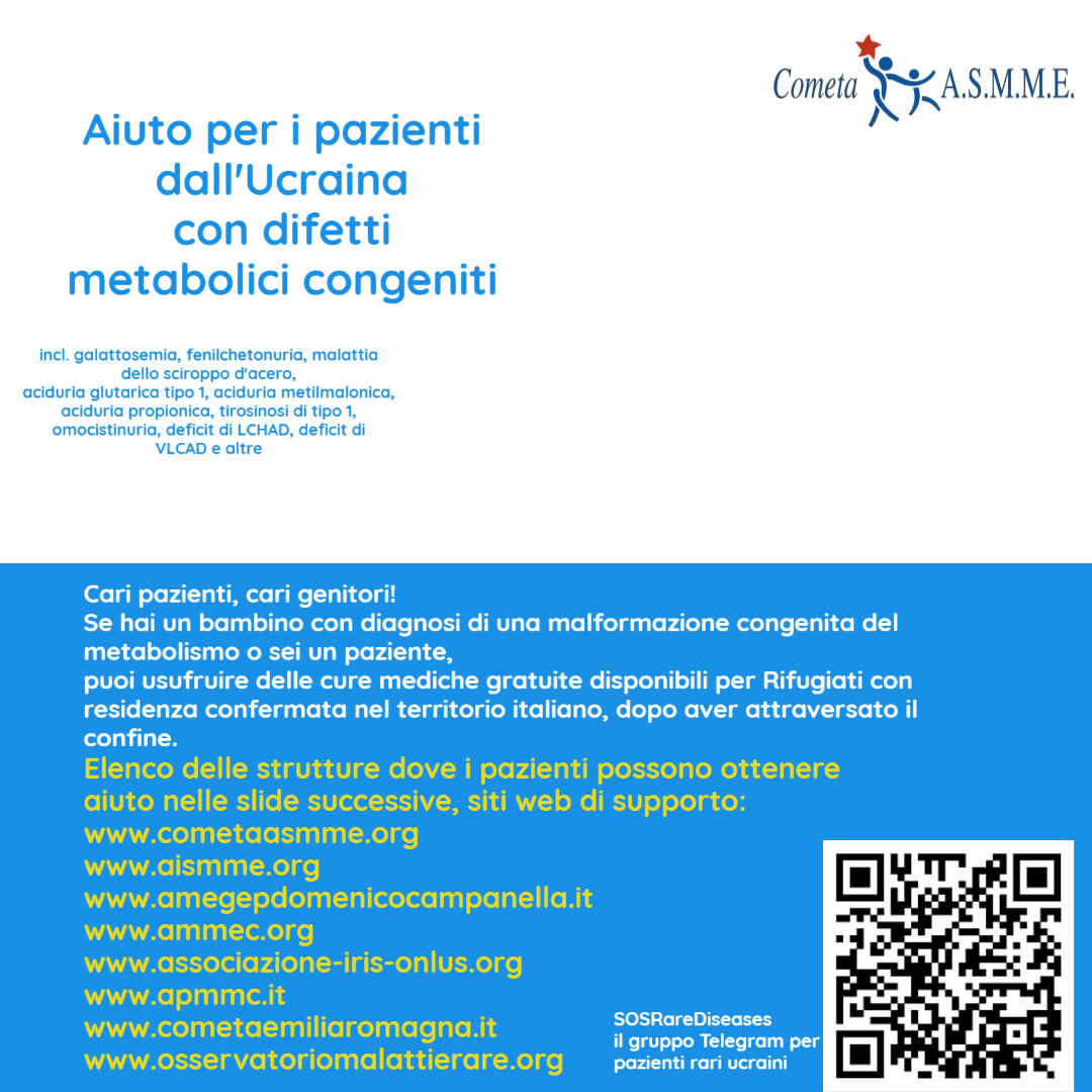 la prima pagina dell'opuscolo informativo dedicato ai pazienti metabolici ucraini rifugiati in Italia (versione non tradotta)